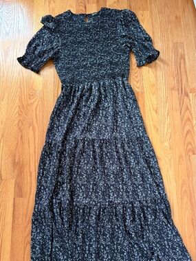 Black Floral Maxi Dress with Smocked Bodice